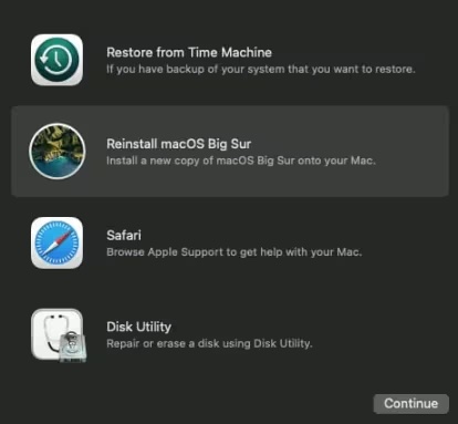 Del 4. Opgaver, du kan udføre efter i gendannelsestilstand Når du er i gendannelsestilstand på Mac, kan du udføre følgende opgaver: På M1 Macs Du kan udføre følgende opgaver i Recovery Mode på M1 Macs: Gendannelse: Få adgang til yderligere apps i macOS Recovery. Gendan fra Time Machine: Du kan bruge Time Machine-sikkerhedskopien til at gendanne dine data. Geninstaller: Geninstaller macOS på din MacBook.